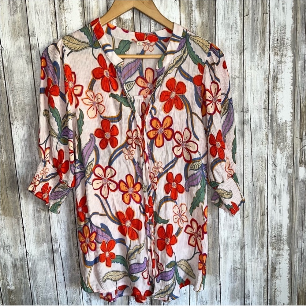 Easel White/Cream Floral Pleat Peach Blossom Puff Sleeve Blouse Women’s Large - Picture 3 of 7